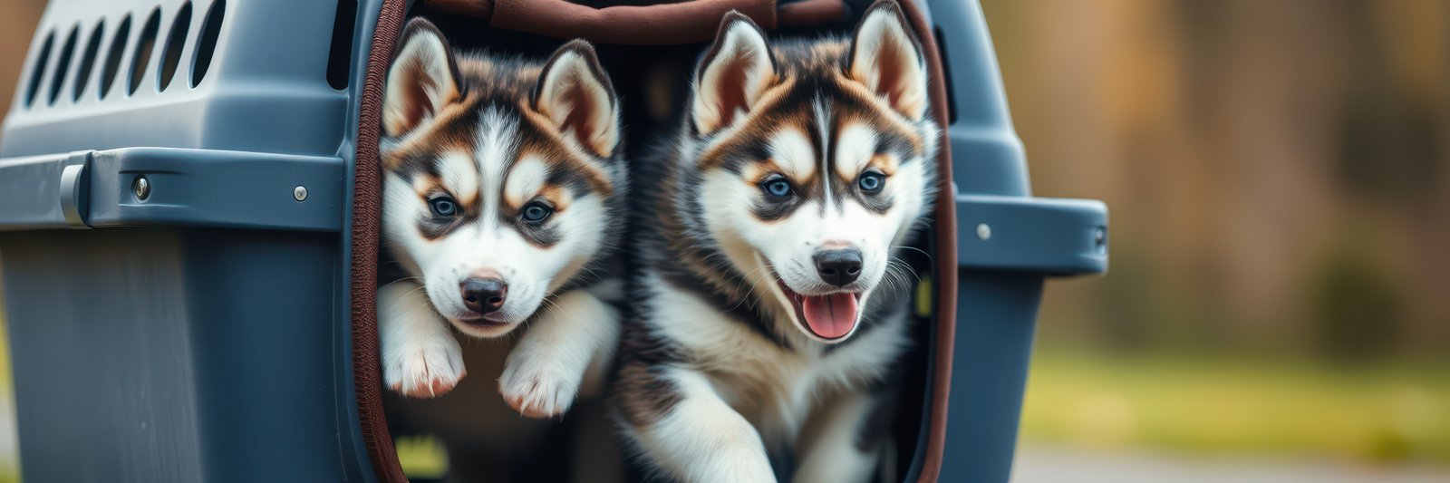 Two playful puppies enjoy a sunny day outside as they emerge from a pet carrier in a park
